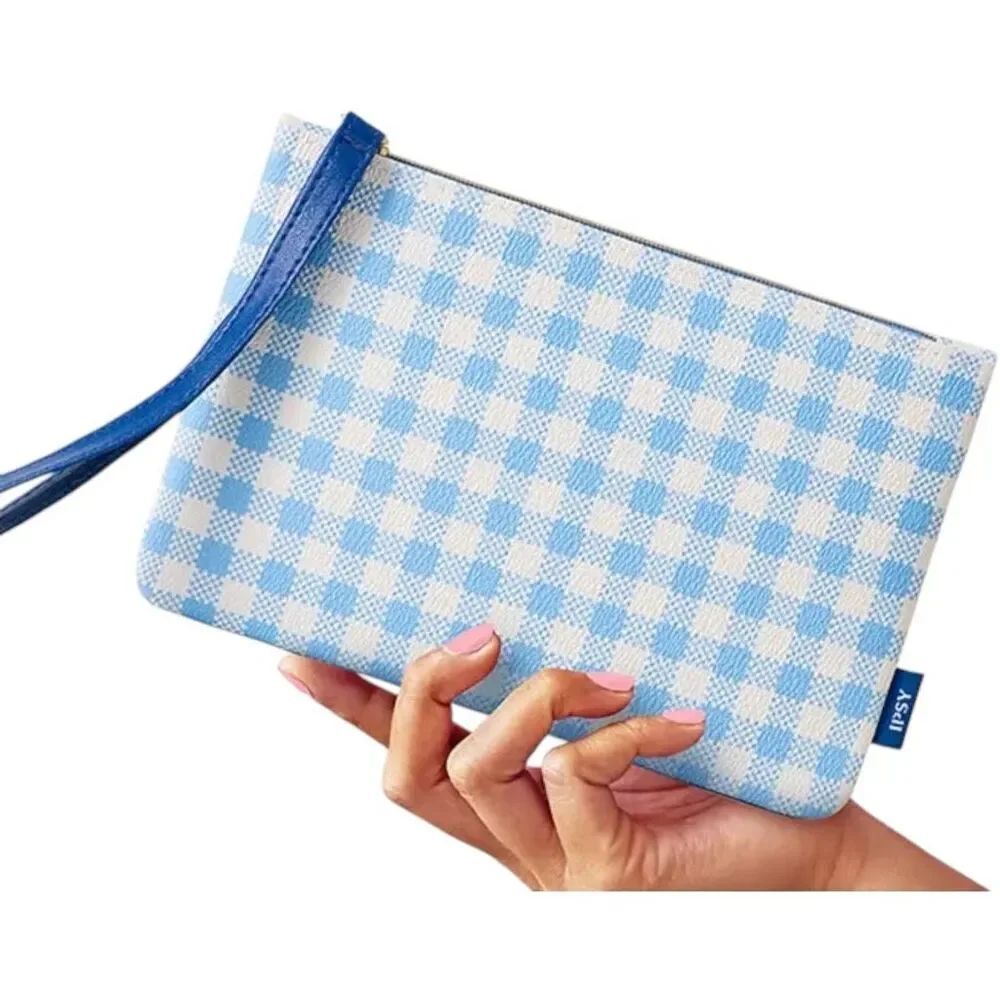 New Ipsy Glam Bag Blue Gingham Summer Makeup Accessory Bag